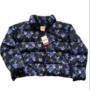 NWT Woolrich x Target BLUE floral Puffer Sz XL Branded Patch Full Zip Pockets